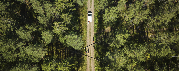 Drönarbild på väg med bil och fällda träd över vägen. Foto: Patrik Svedberg