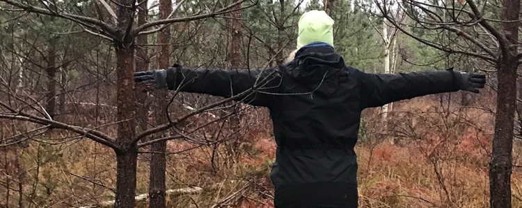 En skogskonsulent står med armarna rakt utsträckta i ett ungt bestånd av tall. Foto: Ingvar Hansson