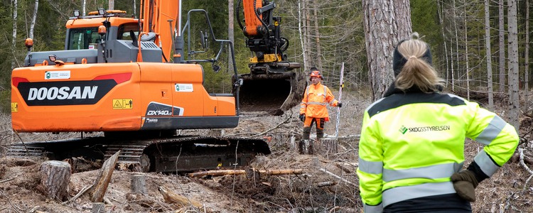Arbete med grävmaskin i skog för att plugga diken. Foto: @ Camilla Zilo