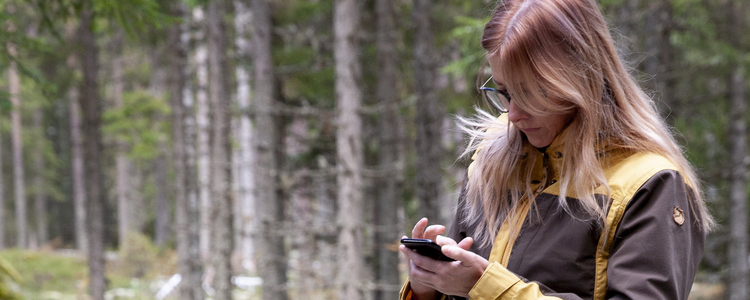 Kvinna i skogen kollar på sin mobil. 