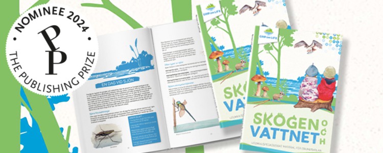 The image shows the book "The Forest and the Water", and the symbol indicating that the book was nominated to 2024 Publishing Prize.