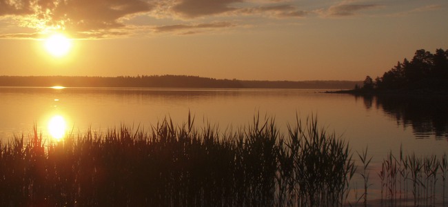 Solnedgång över sjö. 