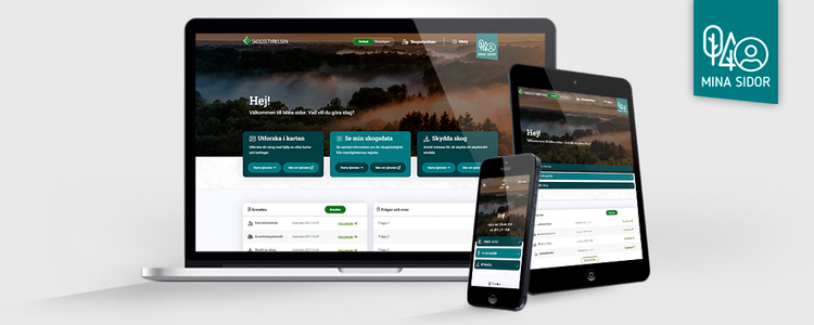 En laptop, en läsplatta och en mobiltelefon med Mina Sidor på respektive skärm.