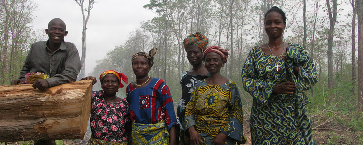 Five women and one man standing in a forest in Africa.