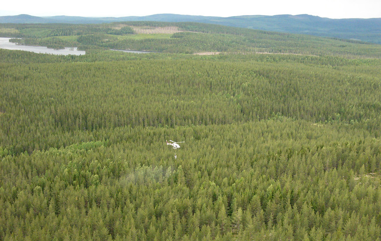helikopter som flyger över skog och sprider gödsel. Foto: Erik Normark