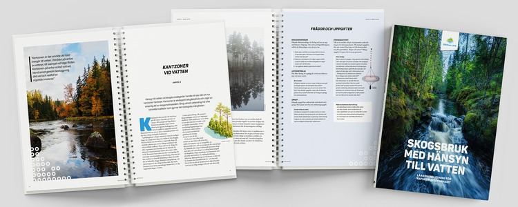 Bild på boken "Skogsbruk med hänsyn till vatten". Bild både på omslaget och ett uppslag från boken.