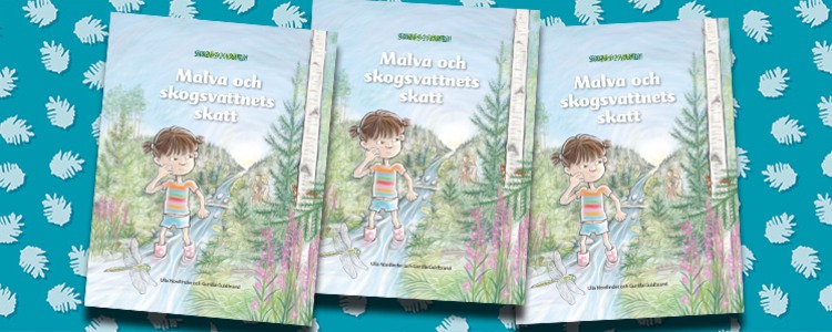 Omslag på boken "Malva och skogsvattnets skatt". Illustration av en flicka som går vid en bäck