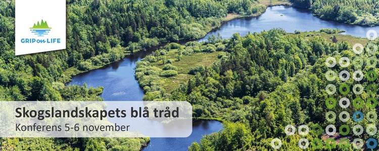 Ett flygfoto på en å som rinner genom ett skogslandskap. På bilden står texten "Skogslandskapets blå tråd. Konferens 5-6 november".