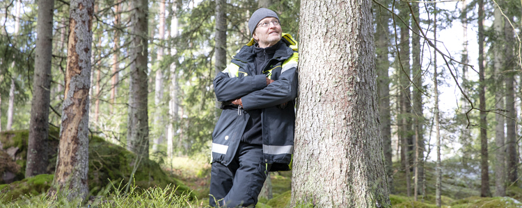 Skogskonsulent står i slutavverkningsskog lutad mot en stor gran. 