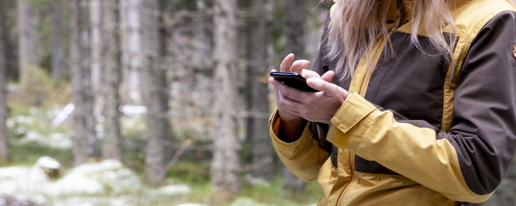 Kvinna i skogen tittar på sin mobil. 