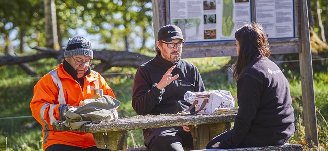 Några deltagare i Naturnära jobb har rast tillsammans med sin arbetsledare.