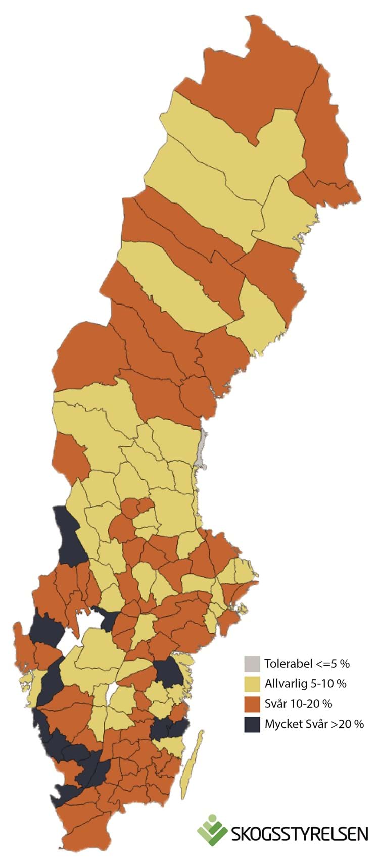 Kartan visar landets älgförvaltningsområden och hur omfattande skadorna är i respektive område.