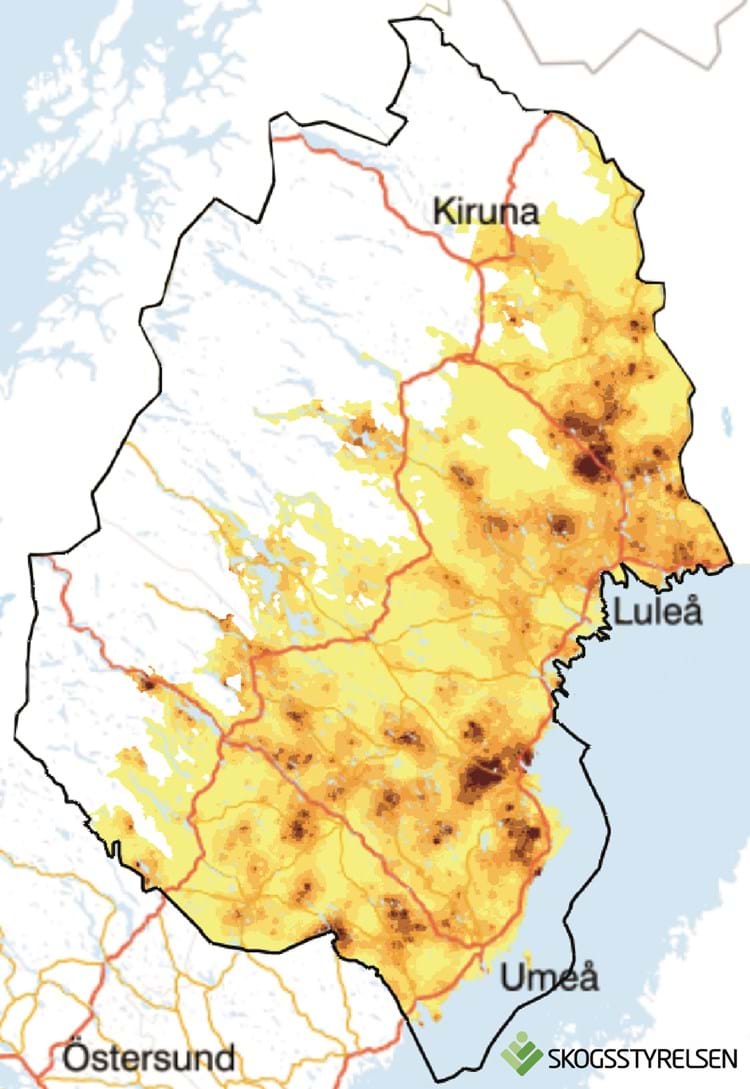 Karta som visar områden med mest viltskador i norra Norrland.