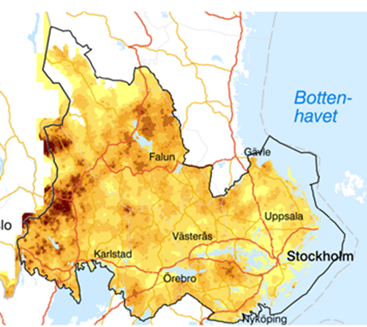Karta över Svealand som visar var skadorna av bete från älg är som störst.